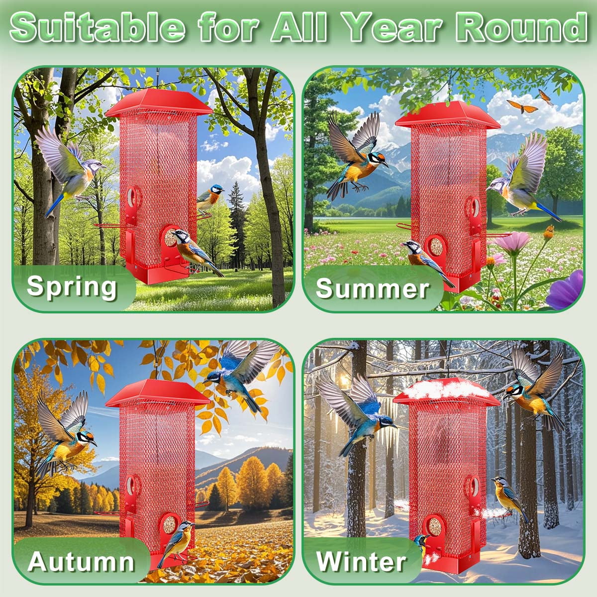 YLTIMER Squirrel Proof Bird Feeder, Metal BirdFeeders for Outdoors Hanging with Detachable Roof, 2.2lb Gravity Protection Wild Birds Seed Feeders for Cardinal Blue Jay Outside
