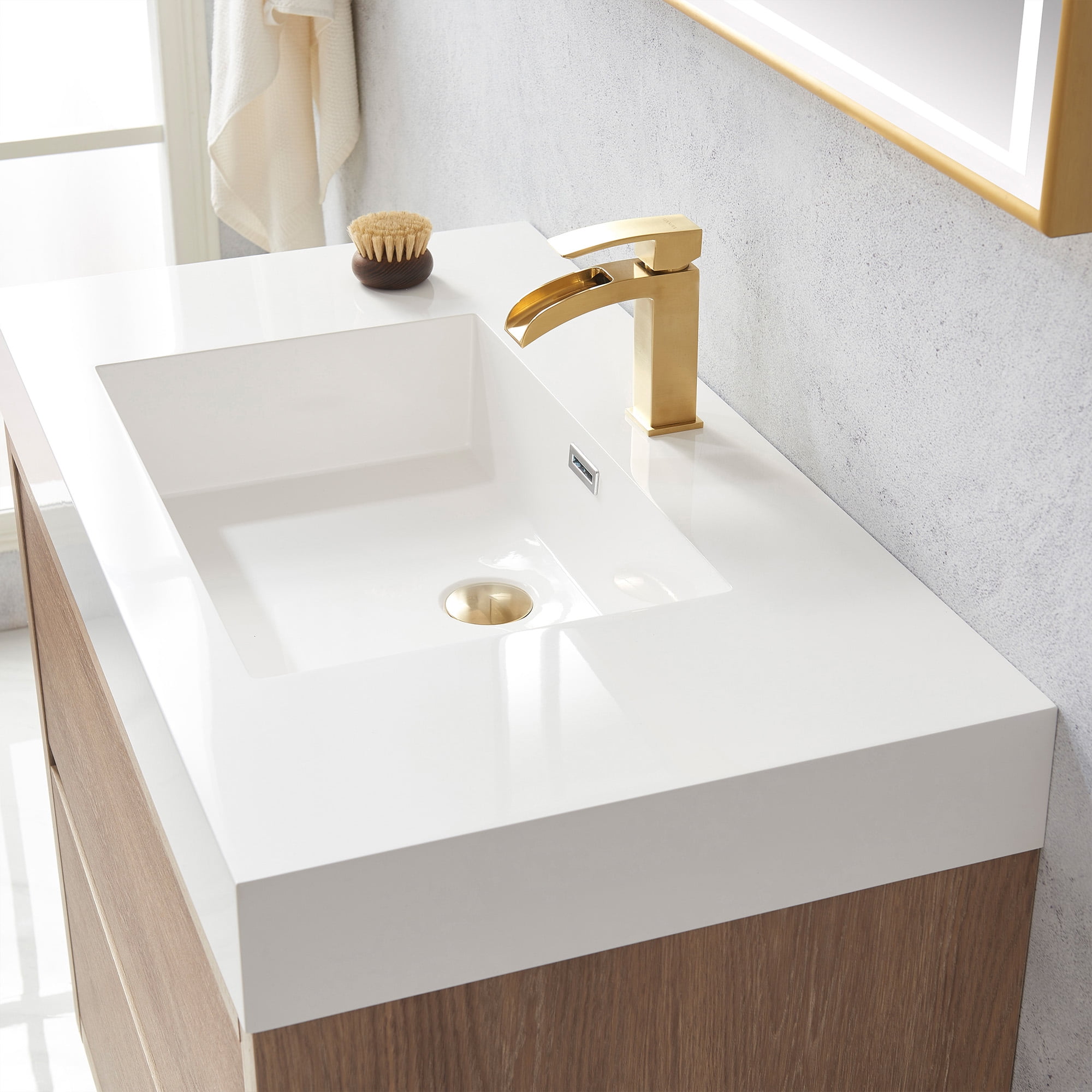 Huesca 36" Single Sink Bathroom Vanity Natural Oak Wood White Top With Mirror