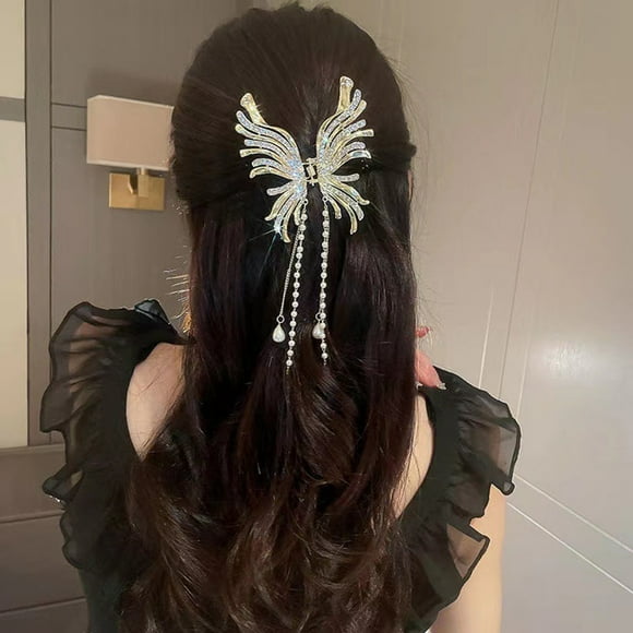 YAOBAMM Hair Clip Women Hair Gripper with Tassel Faux Pearl Butterflies Shape 3D Effect Hair Decoration Elastic Spring Strong Claw Hair Clip