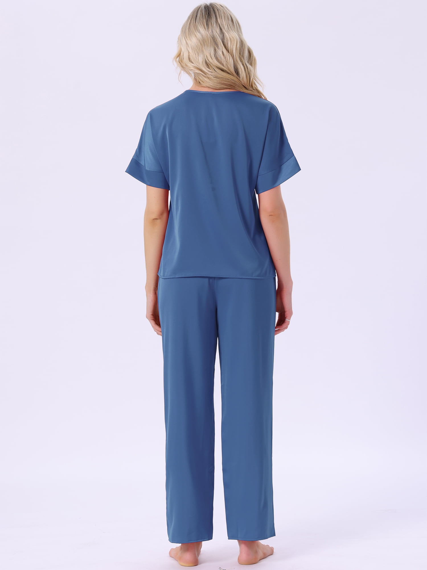 DARING DIVA Satin Pajamas Silky Short Sleeve V Neck Shirt Long Pant Set M Blue