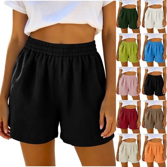 Liweisiy Women's Linen Shorts Elastic High Waisted Wide Leg Solid Color Pants Lounge Daily Loose Pants Blue 2XL