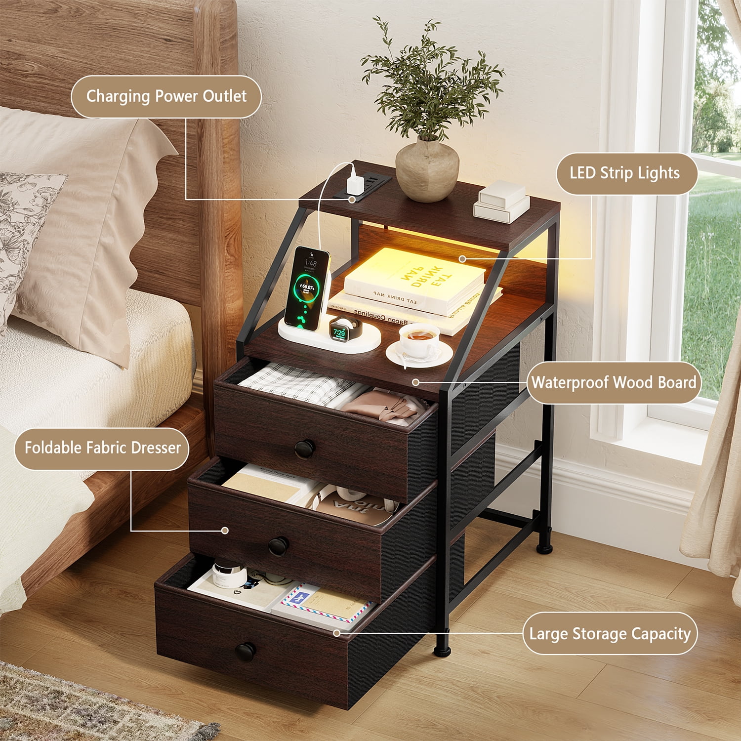 GUNAITO Led Nightstand Set of 2 with Charging Station Side Table with 3 Drawers End Table with Open Shelf Bedside Table with USB Ports and Outlets Nightstand for Bedroom,Brown