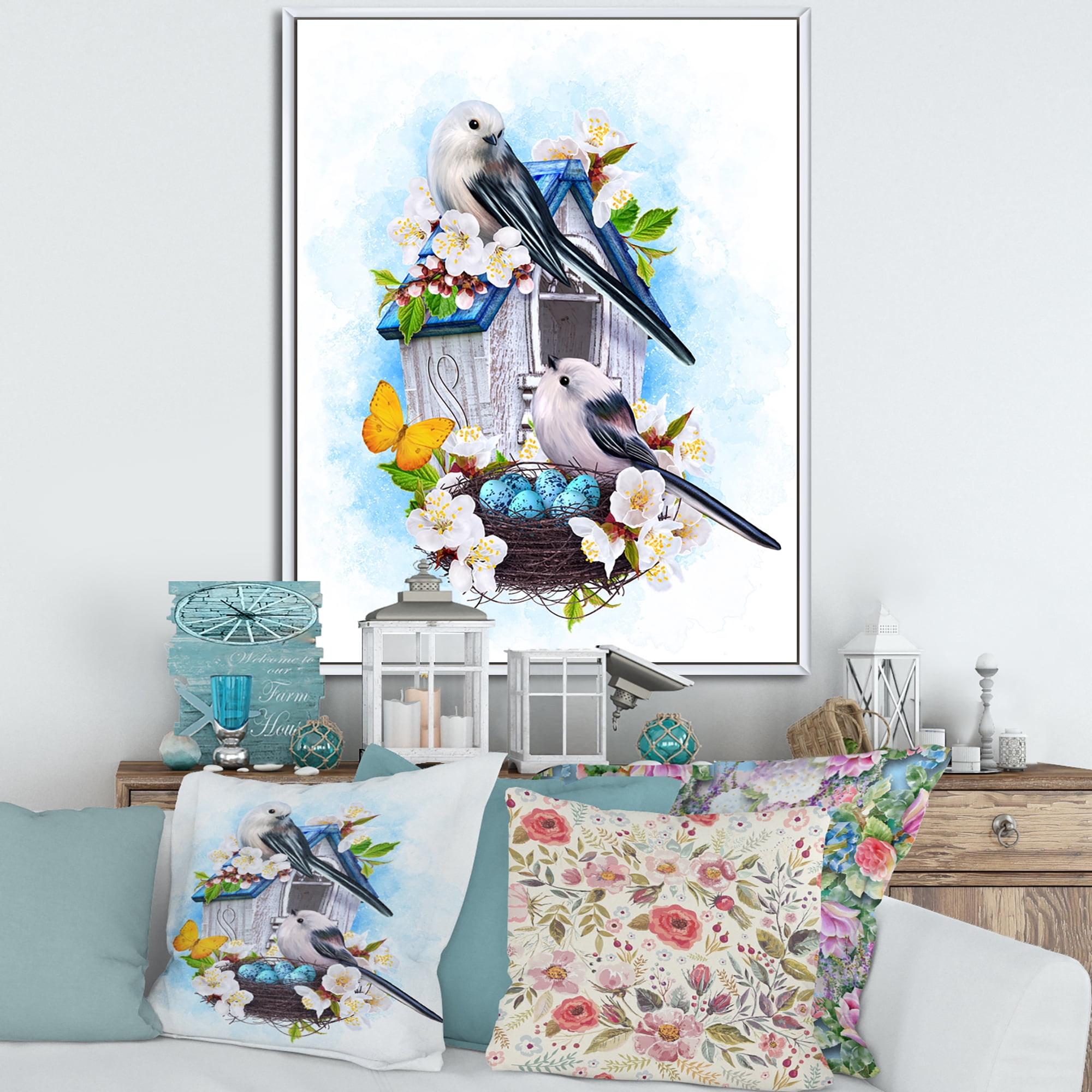 Designart 'Two Tit Birds Sitting Near The Nest With Eggs and White Flowers II' Traditional Framed Canvas Wall Art Print
