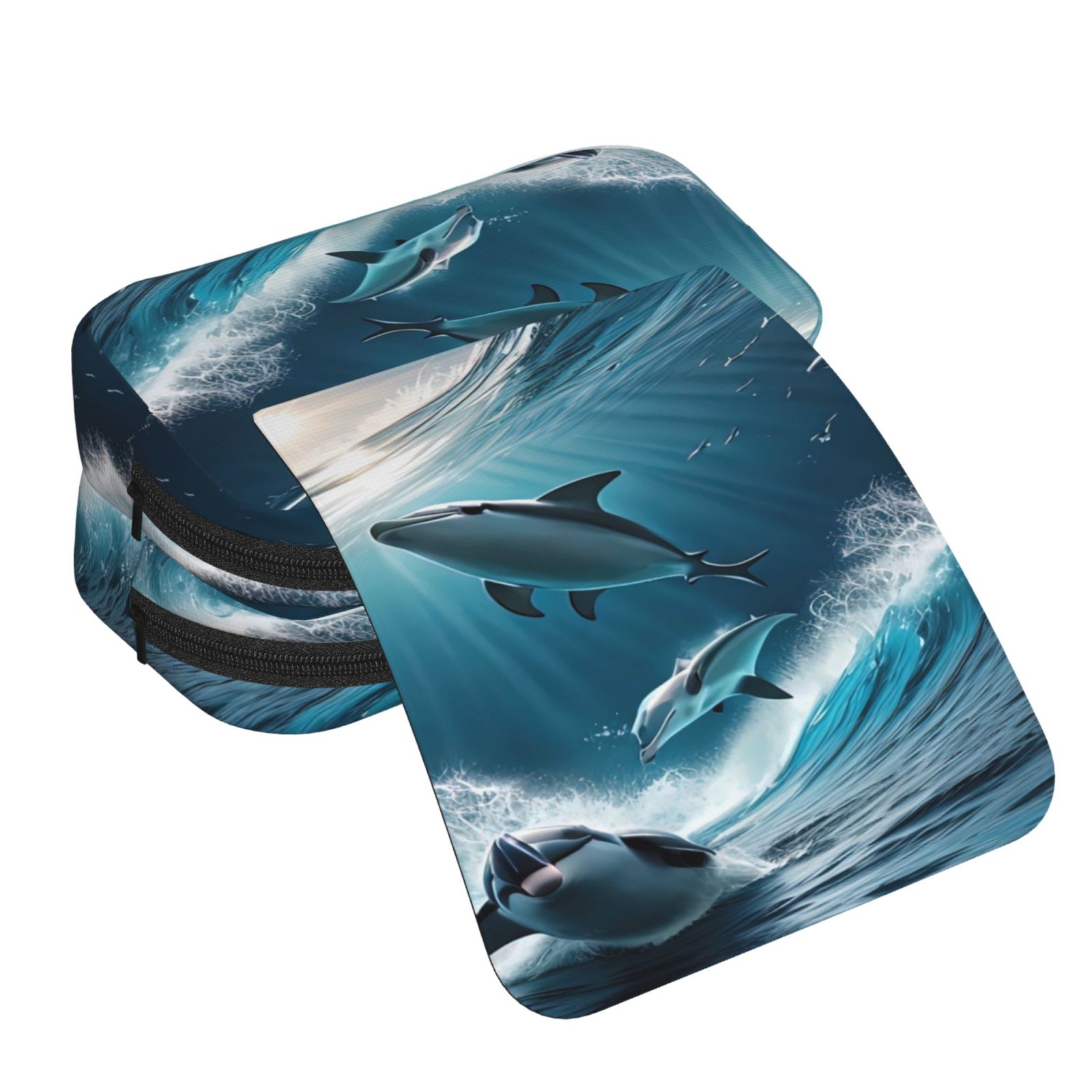 Rateoe Ice Blue Ocean Cute Dolphin A Pattern Double Clamshell Pen Case, Storage Organizer with Two Zipper Compartments– Holds Up to 50 Pencils & Pens