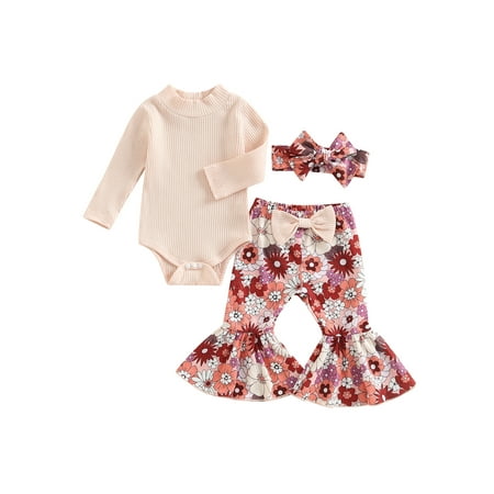 

Thaisu Newborn Girl Autumn 3Pcs Set Solid Color Ribbed Long Sleeves High Neck Jumpsuit + Flower Print Flare Pants + Headband