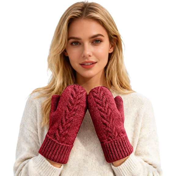 KHONTS Women's Mittens Winter Gloves Warm Lining Mittens Cozy Thick Crochet Cable Knit Gloves Red One Size