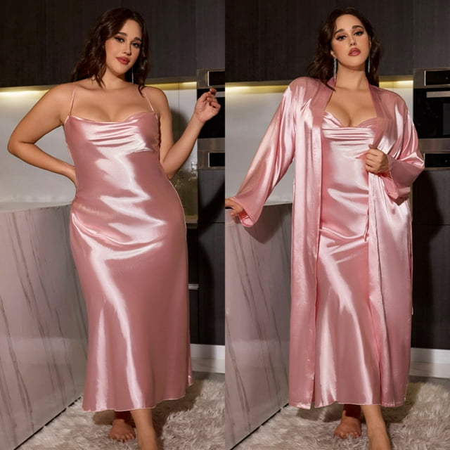 HongQid Women's Silk Nightgown and Robe Set Long Sleeves Robes 2 Piece Bathrobe Set V-neck Cami Sleepwear