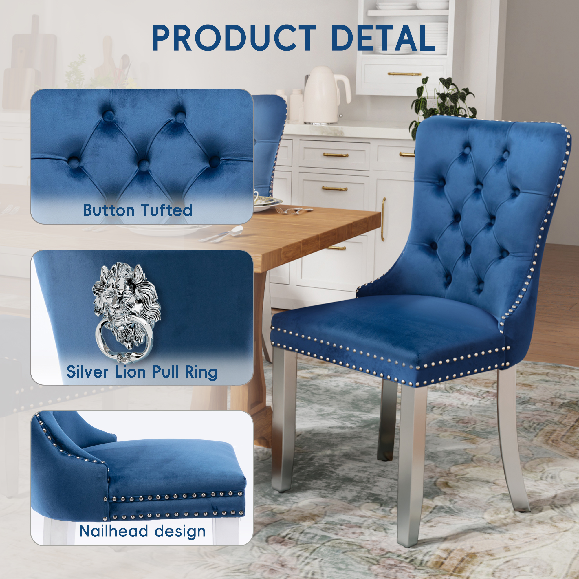 DONICK Velvet Upholstered Dining Chairs,Kitchen & Dining Room Chairs,Nailheads Tufted,Soft,Solid Wood Frame(Blue Silver,Set of 6)