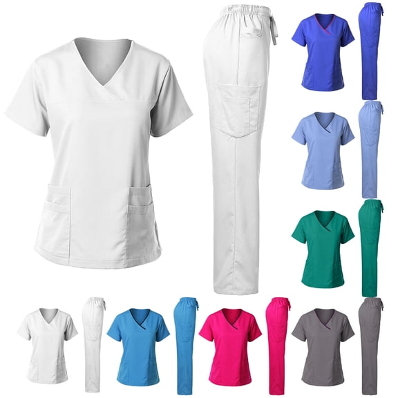 Zekutng Two Piece Sets for Women Scrub Set V-Neck Short-Sleeved Comfortable Workwear Set for Doctors and Nurses,Sizes S-2XL