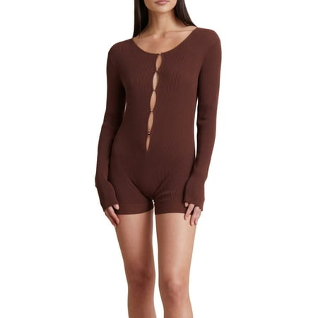 

Liacowi Women Playsuit Rib Knit Gradient/Solid Slim Short Jumpsuit Long Sleeve Hollow Out Knit One Piece Overalls