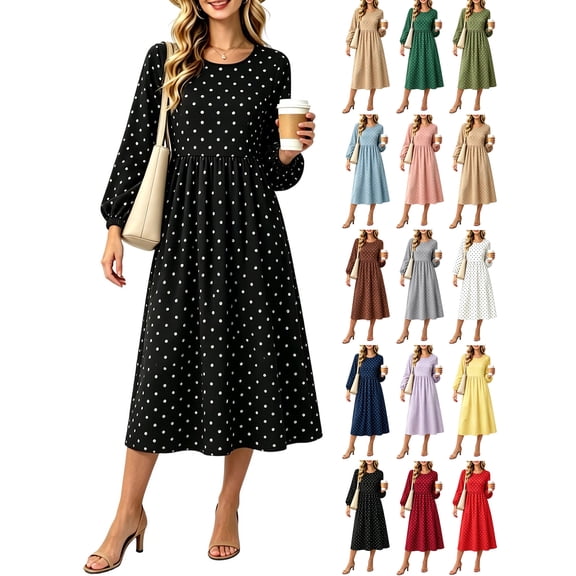 Summer Dresses for Women 2026 Round Neck Polka Dot Long Elastic Cuff Puff Sleeve High Waist Flowy Casual Midi Dress for Loungewear Vacation Daily Wear