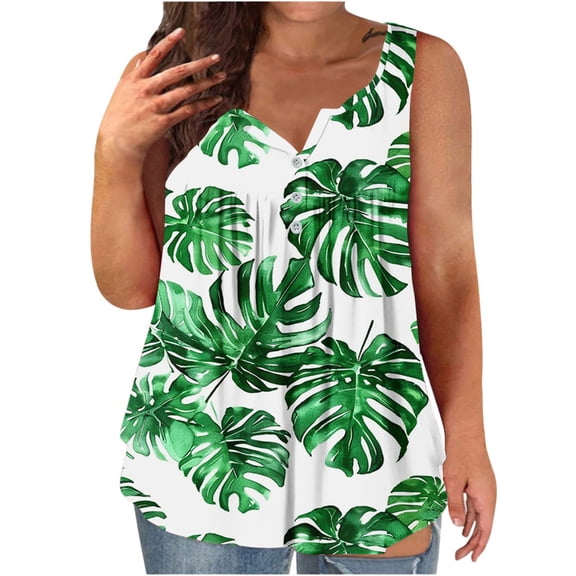 Womens Tank Tops 2026 Plus Size Summer Tank Tops Button Sleeveless T Shirts Pleated V Neck Tunic Top Longline Fashion Prints Lounge Casual Camisole Vest Loose Tee Blouses Comfy Holiday