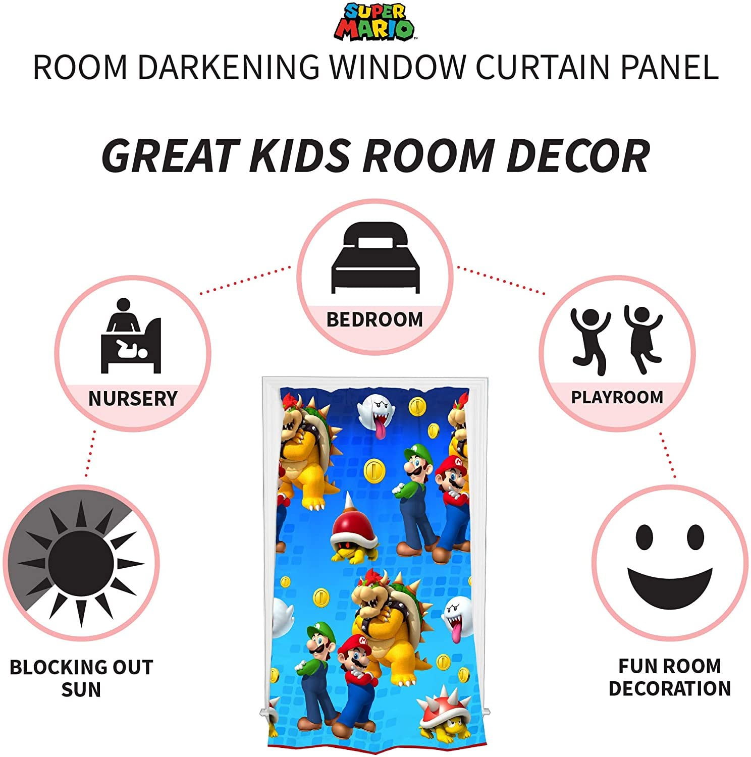 Super Mario Kids Lights Off Room Darkening Curtain Panel, 63" Length, Blue