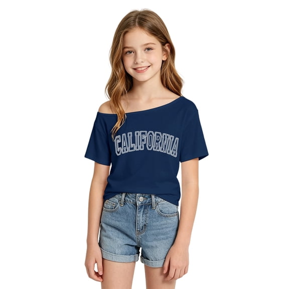 RTKFRFLM Girls Off Shoulder Graphic T-Shirt Kids Short Sleeve City Letter Print Summer Top Casual Fashion Clothes Outfits Blouse Tee for Big Girls 7 8 9 10 11 12 Years