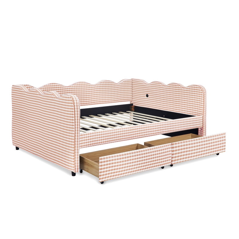Cozy Full Size Daybed with 2 Storage Drawers and USB Charging Port, Linen Gingham Wave Shaped Sofa Bed for Living Room and Bedroom