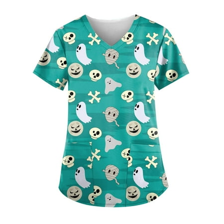 

Halloween Print Scrub Tops for Women Breathable Pumpkin Cat Bat Pattern V-Neck T-Shirts Tee Tops with Pockets