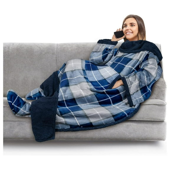 Blanket with Sleeves, Foot Pocket for Women Men Adults, Thick Wearable Blanket Throw Wrap, Fleece Warm Blanket Robe, Cozy Gift Ideas Wife Mom, Plaid Blue Plaid Navy Sherpa