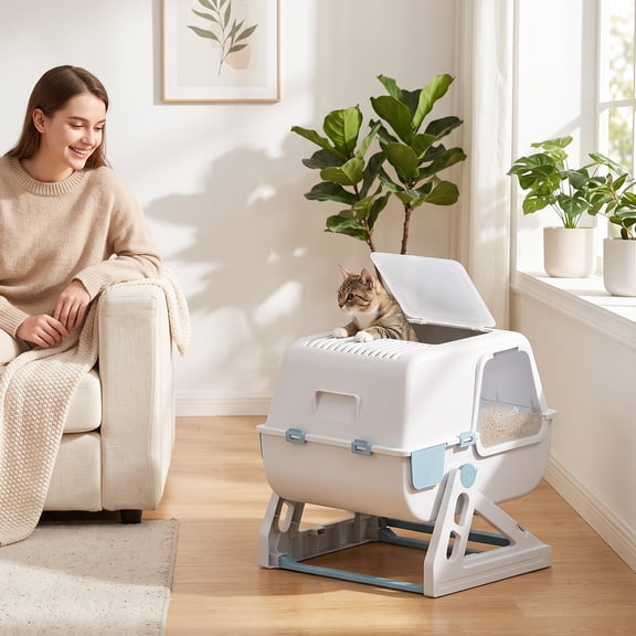 PawHut Semi-Automatic Quick Cleaning Cat Litter Box with Lid, Enclosed Cat Litter Box with Deodorization Bag & Drawer Pan, Light Blue