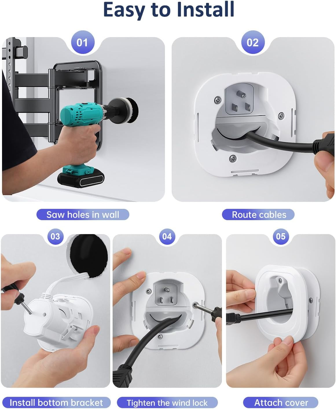 in-Wall Cable Management Kit, TV Cord Hider for Wall Mounted TV, Includes Power & Low Voltage Cables Management, Wall Cable Concealer Kit with Hole Saw Drill Attachment
