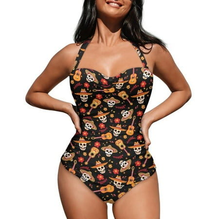 FKELYI Women s Swimwear Hippie Floral Funny Skull Print One Piece Swimsuit with Soft Pad Tummy Control Bathing Suits Halter Monokini for Lady Summer Swimming  2XL