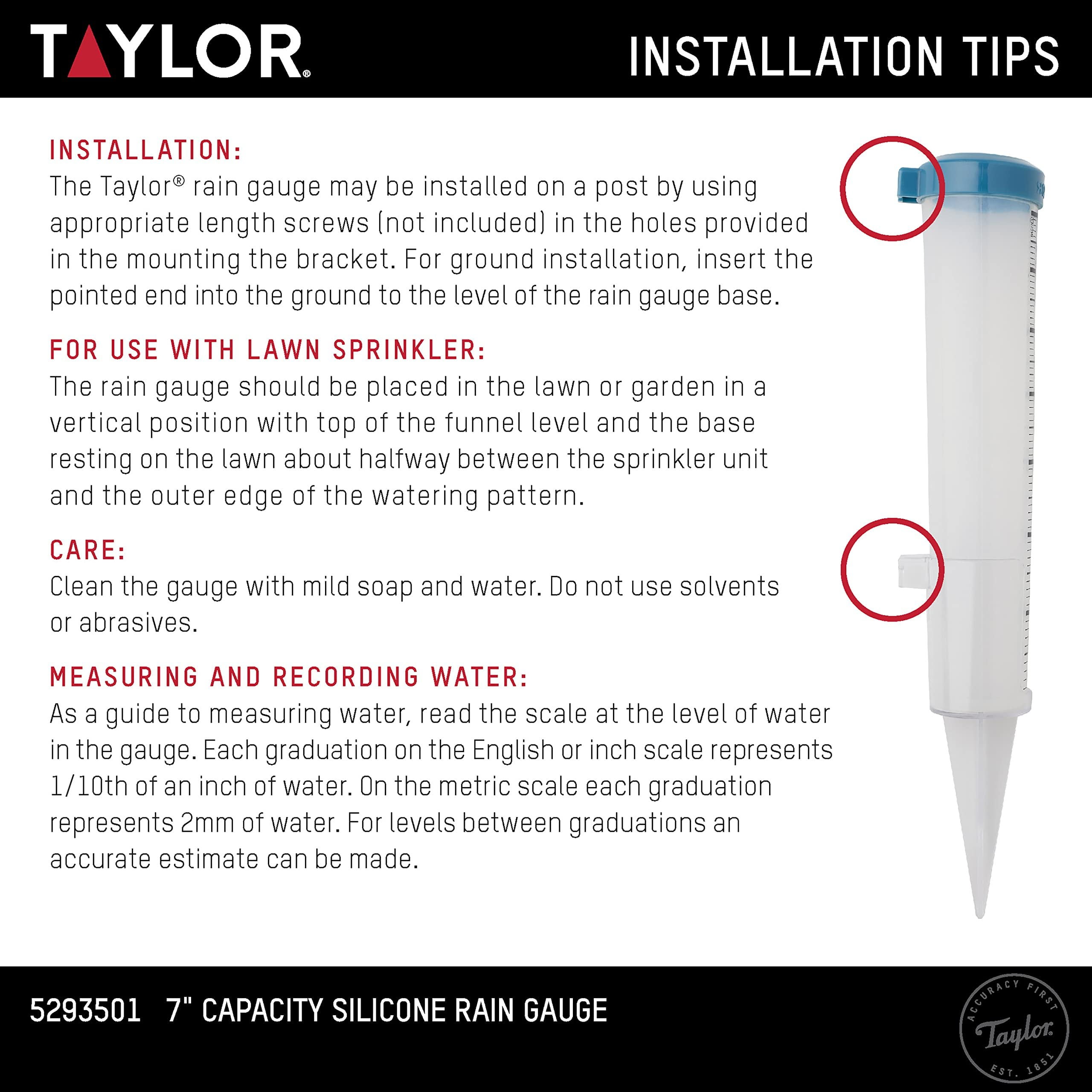 Taylor 7 inch Capacity Easy to Read Break and Freeze Proof Flexible Silicone Rain Gauge, Post Mount or Ground Stake, Teal