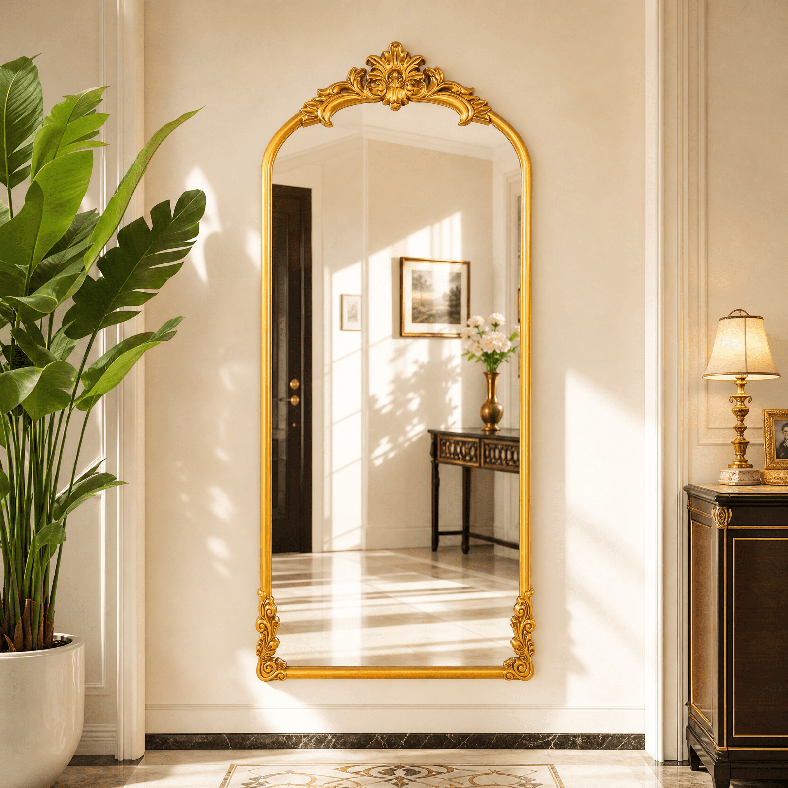 EVARNIO 69"x28" Vintage Full Length Mirror Arched Floor Mirror Baroque Style Wall Mounted Mirror Ornate Decor Mirror with Stand, Gold