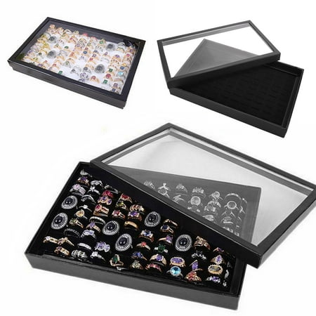Earring Storage Organizer,100 Slots Velvet Jewelry Tray for Drawers Glass Clear Lid Showcase Display Ring Organizer Earring Ring Trays Holder Cufflink Showcase-Black