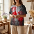 thumbnail image 4 of Women’s Halloween Handprint Graphic Henley Button Neck Short Sleeve Cotton Linen Shirt with Chest Pocket Casual Fit, 4 of 7