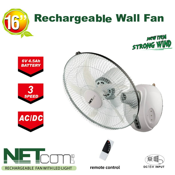 RECHARGEABLE WALL Oscillating 3 Speed Fan, AC/DC operated - VAR-16310 NetCom - Walmart.com