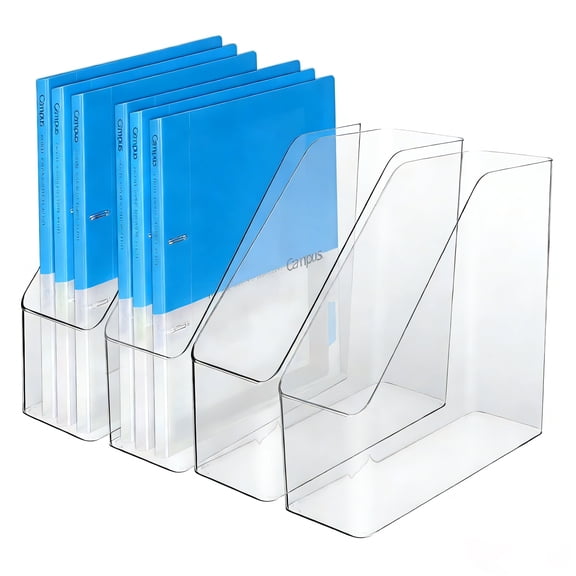 4Pcs Clear Acrylic Magazine File Holder, Plastic Vertical File Folder Storage Magazine Rack Bin, Acrylic Magazine Holder, Desk Document Sorter Organizer for Home Office School Work Desktop Supplies