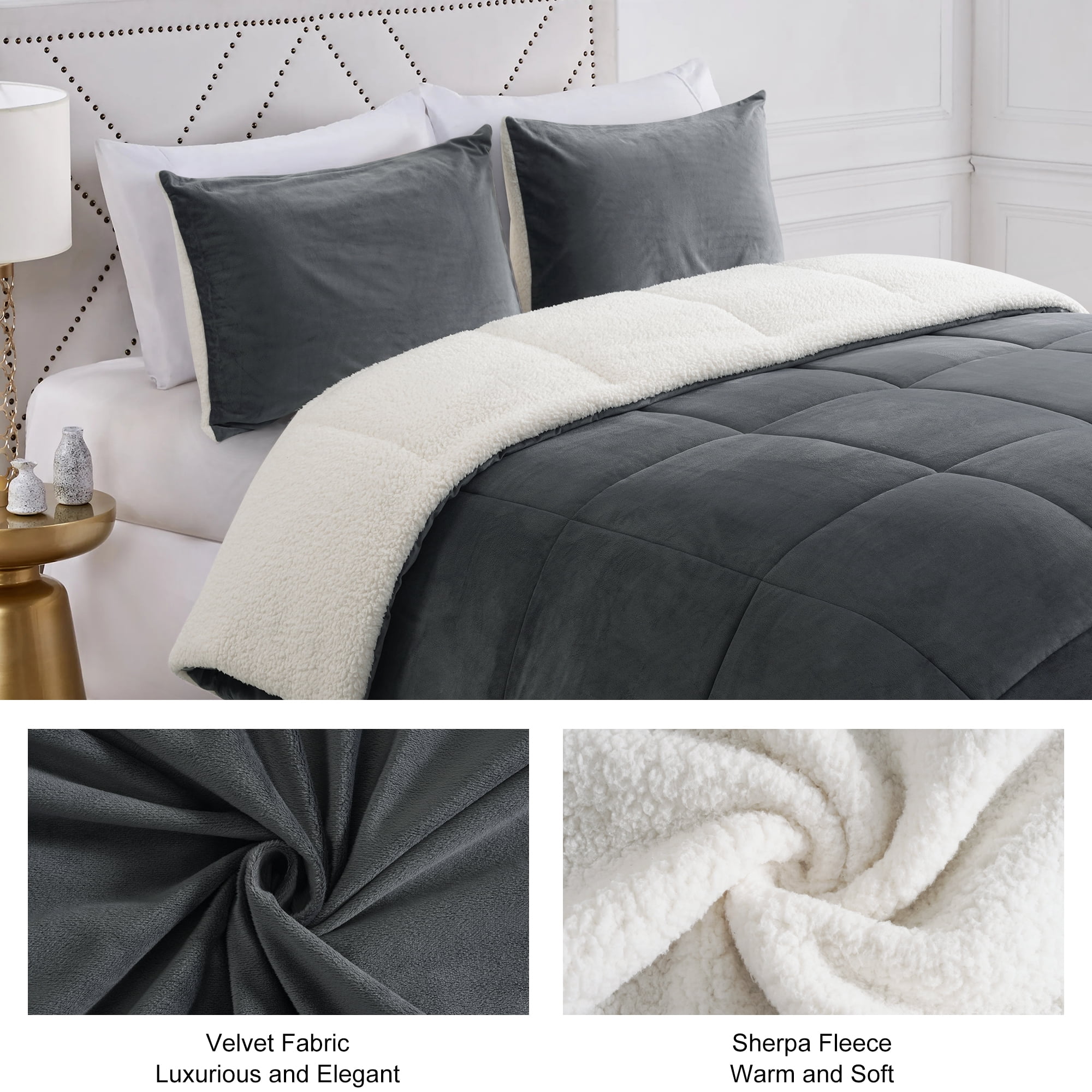 EMONIA Queen Comforter Set 3 Piece Luxury Plush Sherpa Comforter