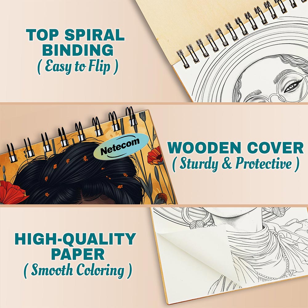 Black Women Coloring Book Spiral Bound For Adults, A5 Wooden Cover, 30 Coloring Pages of Beautiful Black Women, Natural Hairstyles, Afrocentric Fashion for Stress Relief and Relaxation