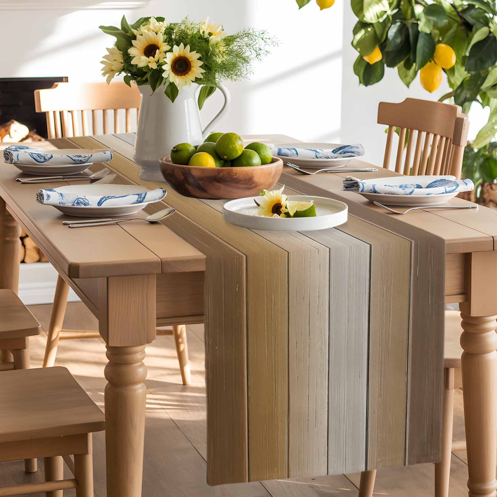 Brown Ombre Cotton Linen Table Runner for Dining Kitchen, Vintage Country Wooden Wedding Outdoor Party Tablerunners Decoration, Dresser Scarf Coffee Tablecloth Runners 13x70 Inches
