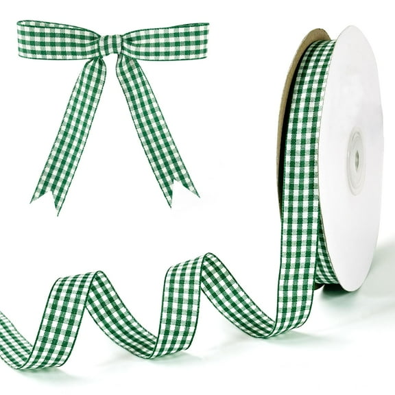 Dark green and White Ribbon 1.5cm Plaid Ribbon Flower Bouquet Wreath Gift Wrapping Checked Ribbon Polyester Each Roll 45m