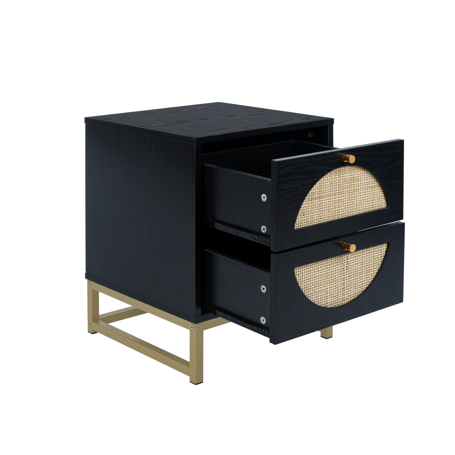 YYAo 1Pcs Nightstand, Bedside Table with 2 Natural Rattan Drawer & Metal Legs, Nightstand Side Table for Bedroom, Black YYAo 1Pcs Nightstand, Bedside Table with 2 Natural Rattan Drawer & Metal Legs, Nightstand Side Table for Bedroom, Black