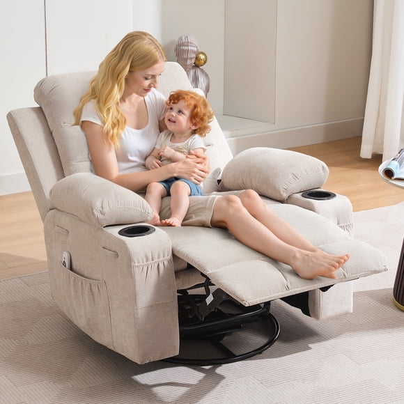 Oversized Swivel Recliner Chair with Massage & Heat, 360° Rocking Glider with Manual Recline, Cup Holders & Storage Pockets, for Living Room Nursery Bedroom, Brown Beige Gray