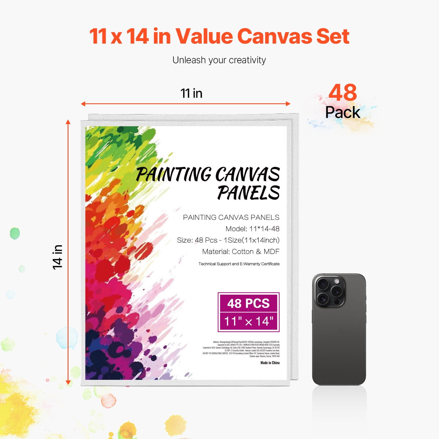 KFFKFF Artistic Canvas Panels, 11 x 14 Inch White Painting Surfaces, Set of 48, Ideal for Drawing, Acrylic and Oil Artwork, Watercolor, Suitable for Children and Professional Artists