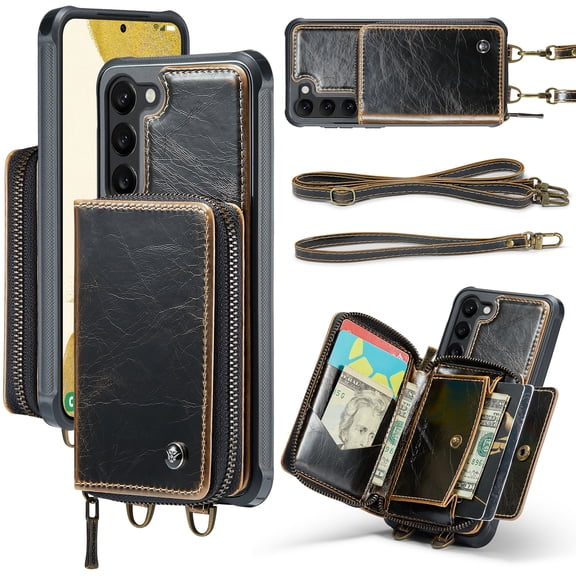 ELEHOLD Crossbody Wallet Phone Case for Samsung Galaxy S23 6.1", Zipper Pocket Card Holders Detachable Crossbody Strap Lanyard RFID Blocking Soft Leather Protective Case,Coffee