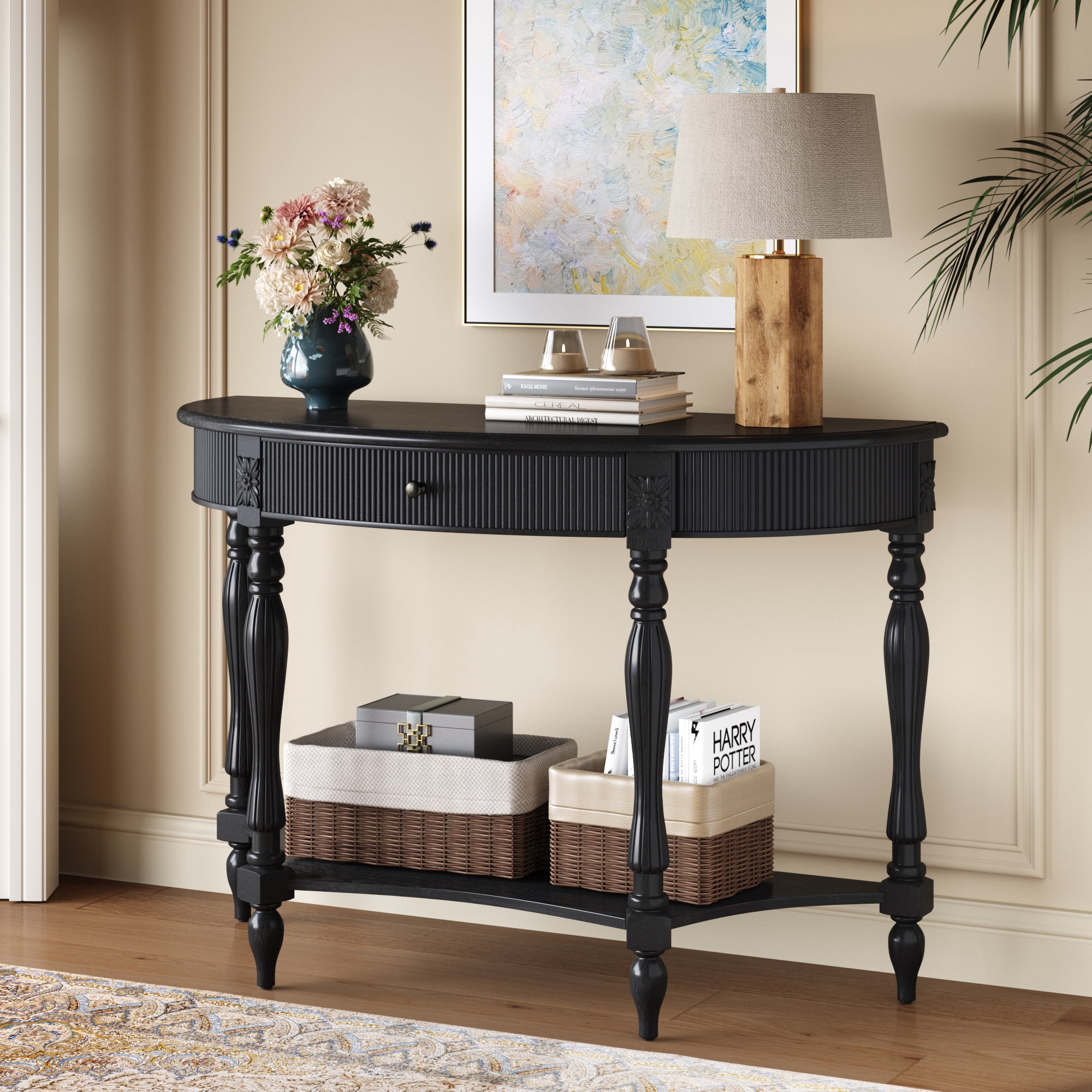 Solid Wood Half Moon Console Table with Drawer & Shelf, Fluted Vintage Curved Entryway Table for Hallway Living Room Foyer, Narrow Space-Saving Accent Furniture with Roman Column Carved Legs, Black