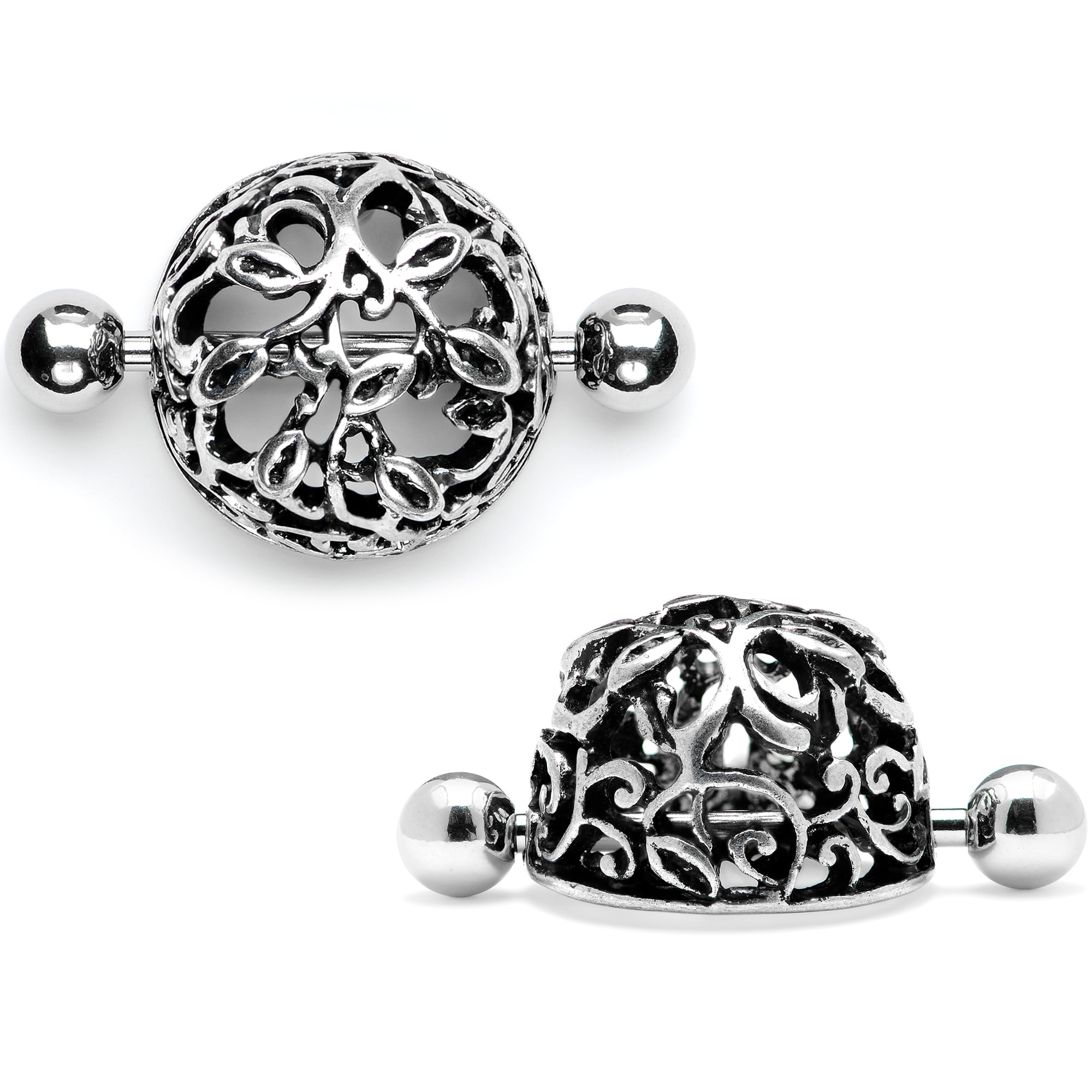 Pair of 14G Ornate Oval Nipple Piercing Rings Steel Barbells 