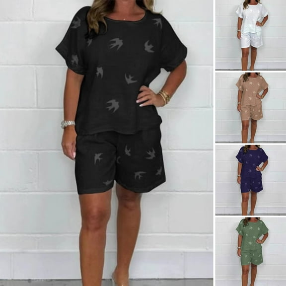 ZenCart Two Piece Casual Outfit for Women Cotton Linen O Neck Short Sleeves Top Shorts Set Loose Loungewear Matching Suit for Spring Summer