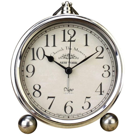 Vintage Iron European Style Desk Clock, Battery Operated Non-Ticking Mantle Clock for Home Decor(Silver)