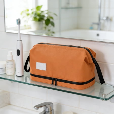 FEOLGEHLY Travel Toiletry Bag for Women and Men  Water-resistant Shaving Bag for Toiletries Accessories Foldable Makeup Storage Bags with Handle for Cosmetics Toiletries Brushes Tools Orange