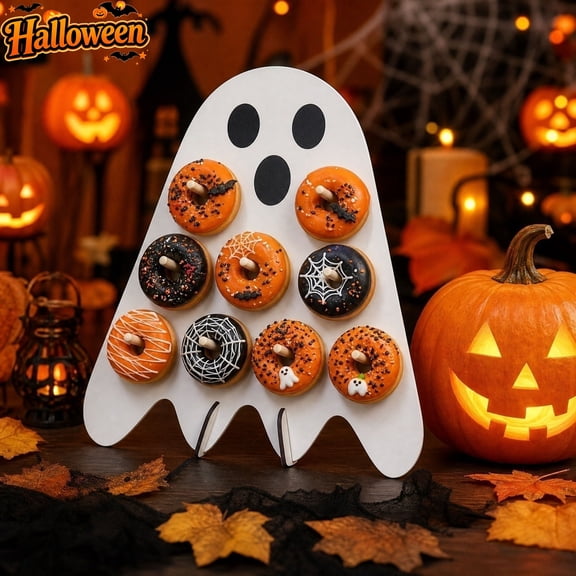 Ghost Shaped Wooden Mini Donut Display Stand, Halloween Holder Rack With Foldable Stand For Dessert Table, Spooky Cute Tabletop Decor For Halloween Party Fall Harvest Birthday Home Party Supplies