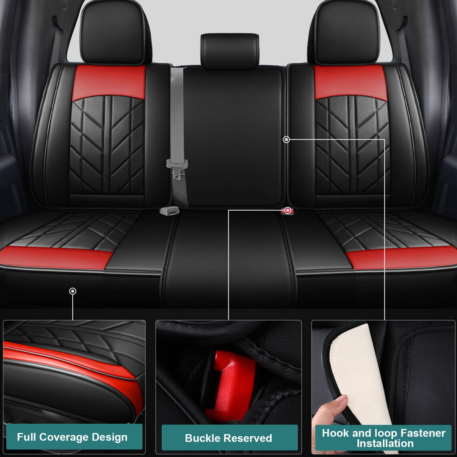 Customed For 2005-2023 Toyota Tacoma Crew Cab Front&Rear Seat Covers PU Leather Full Set,Black&Red