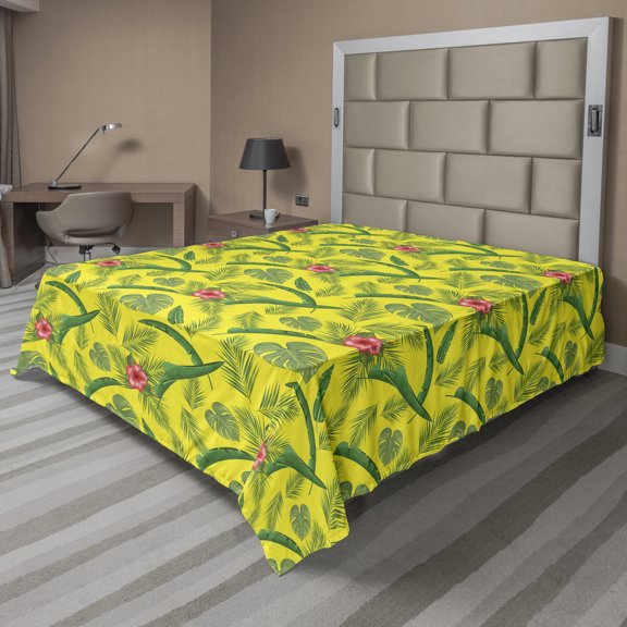 Exotic Flat Sheet, Natural Theme Tropical Plants Along Leaves and Flowers Images on Yellow Background, Soft Comfortable Top Sheet Decorative Bedding 1 Piece, 6 Sizes, Multicolor, by Ambesonne
