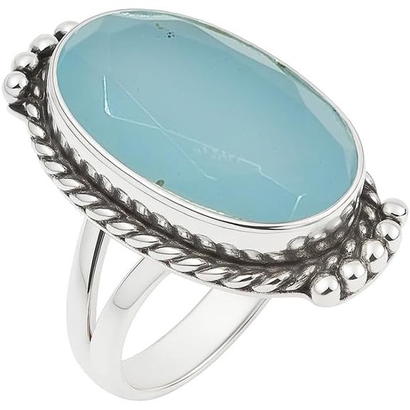 Natural Chalcedony Gemstone Ring for Women – Vintage Oxidized Silver Handmade Jewelry, Healing Crystal Boho Statement Ring Size US 10.5