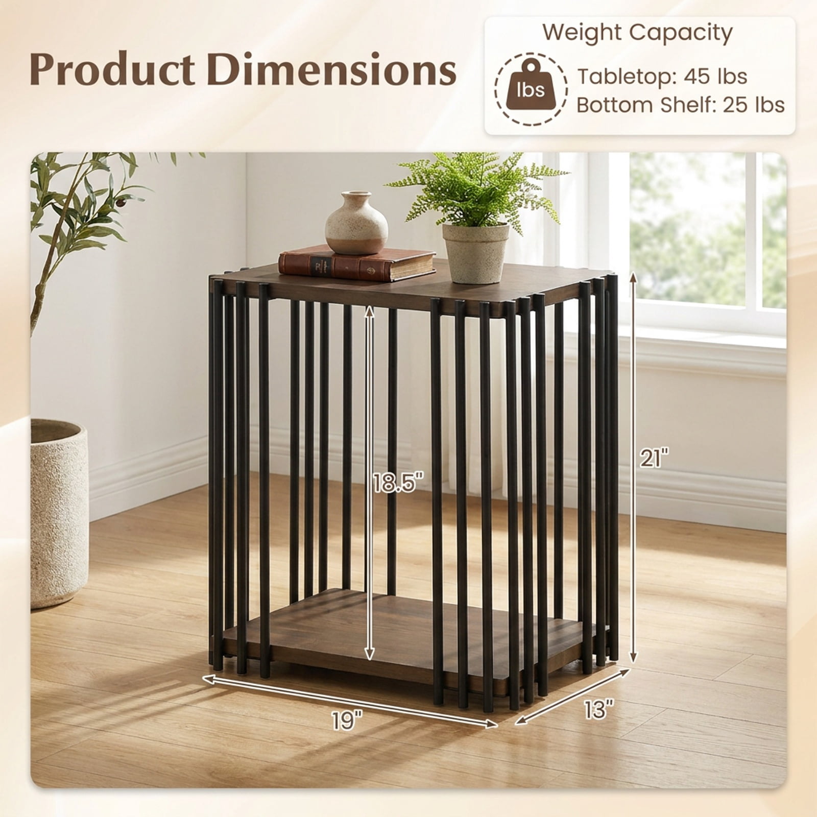 Furnibear Rubber Wood Side Table Set of 2 with 2 Layer Storage Shelves and Black Metal Frame for Living Room Bedroom and Sofa Side Storage, Walnut