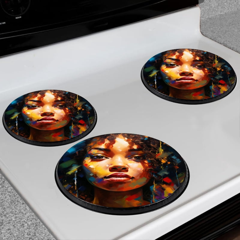 BaHomeck Electric Stove Burner Covers Set of 4,Round Metal Gas Stove Burner Covers 8 Inch and 10 Inch,Kitchen Decor,Beautiful Black Woman With Curly Hair And Vibrant Colors