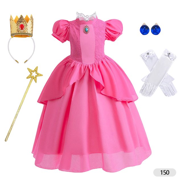 Vestidos Color Melocotón para Niñas Pendientes Corona Guantes Conjunto Disfraz Halloween Y Navidad